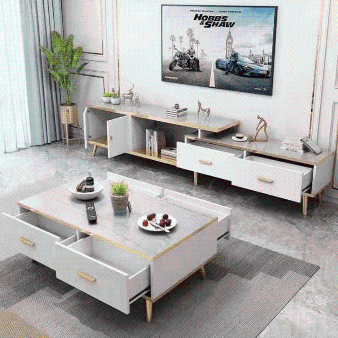 White and black bone inlay coffee table with gold accents and wooden legs - CT-3023