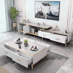 White and black bone inlay coffee table with gold accents and wooden legs - CT-3023