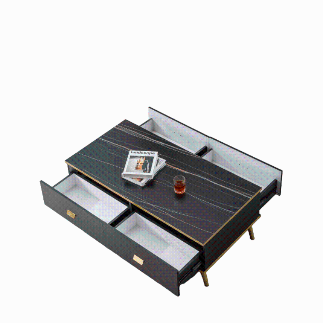 White and black bone inlay coffee table with gold accents and wooden legs - CT-3022