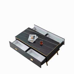 White and black bone inlay coffee table with gold accents and wooden legs - CT-3022