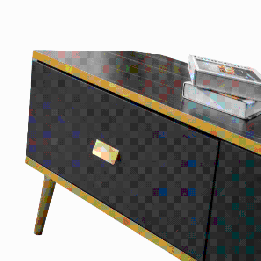 White and black bone inlay coffee table with gold accents and wooden legs - CT-3020