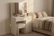 White dressing table with mirror drawers and side shelves for South African bedroom