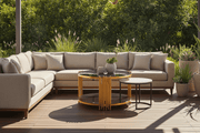Gold frame round glass coffee table and white marble nesting coffee table set on a South African outdoor patio - ArtisanSA