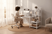 South African professional working at white desk with storage shelves - best home office desk South Africa | Artisan SA