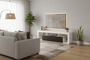 White gloss TV media unit with dark cabinet doors in a modern South African living room - ArtisanSA