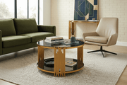 Coffee table South Africa – Round Glass Coffee Table with gold geometric frame in modern South African lounge - ArtisanSA