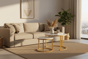 Nesting coffee table set SA – CT-002 Round Design with white marble tabletop and gold frame in a modern South African living room