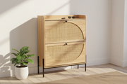 Shoe cabinet South Africa – Rattan Flip-Top Shoe Cabinet in warm yellow entryway - ArtisanSA