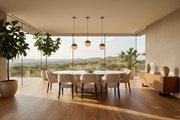 Modern South African open-plan dining room with marble table, pendant lighting and indoor plants - ArtisanSA