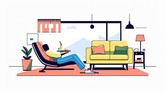 furniture warehouse, Vibrant cityscape with blue, orange buildings; bustling with people, no recliners.