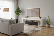 White gloss TV media unit with dark cabinet doors in a modern South African living room - ArtisanSA