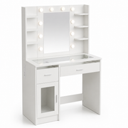 LED Vanity Desk with charging station, RGB glass top, and illuminated mirror for beauty routines.