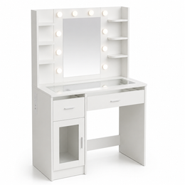 LED Vanity Desk with charging station, RGB glass top, and illuminated mirror for beauty routines.