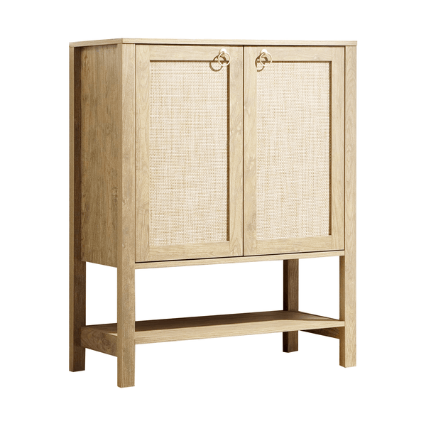 Boho Rattan Storage Cabinet with natural wood finish and woven doors, perfect for stylish storage in any room.