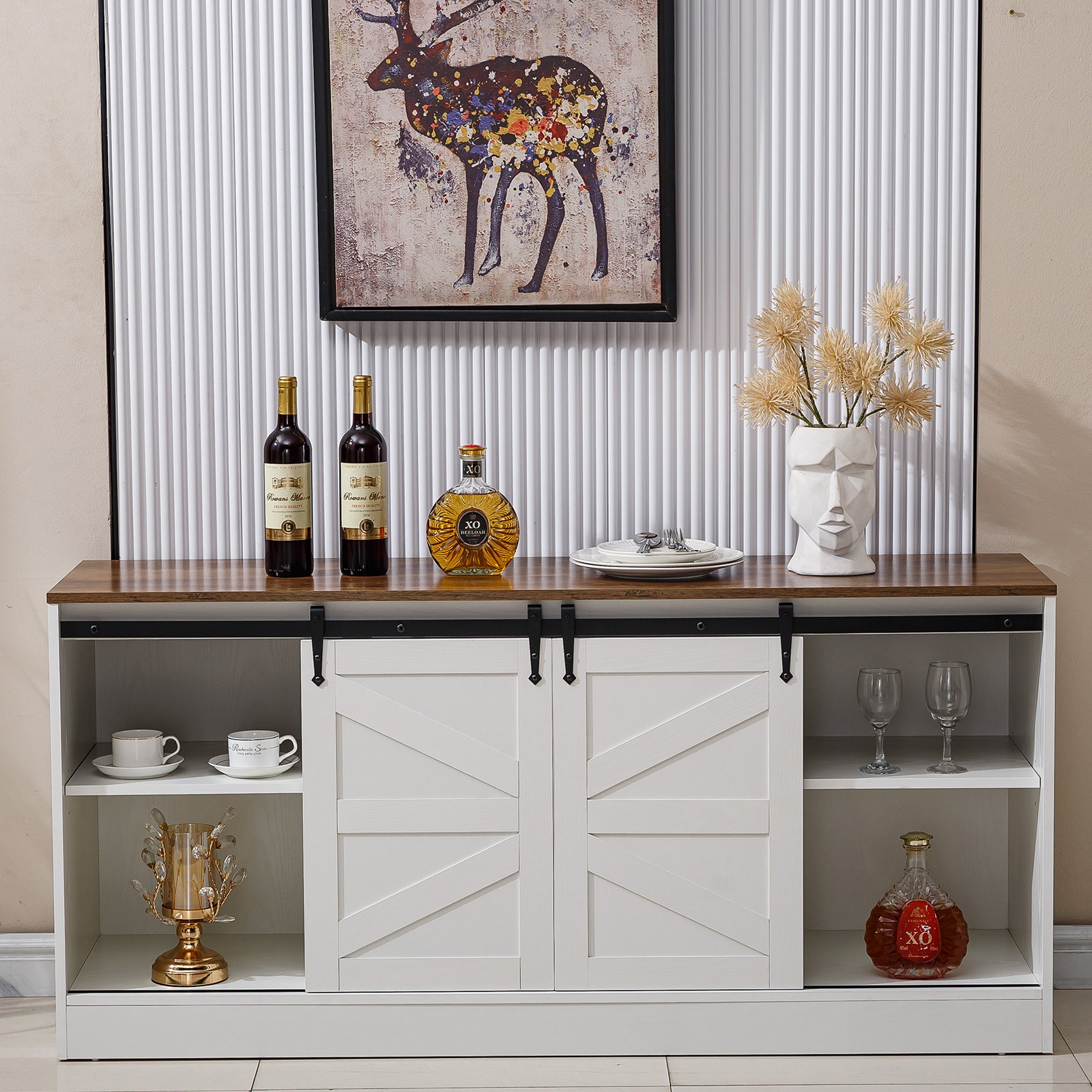 Elegant Farmhouse Sliding TV Stand with sliding doors, showcasing wine bottles and decorative items.