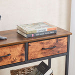 Rustic 3 drawer console table showcasing top shelves with books and decorative items, highlighting its stylish storage design.