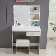 White Dressing Table with LED Mirror featuring a stylish design, illuminated mirror, and storage shelves for beauty essentials.