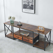 rustic TV stand with storage shelves featuring two fabric drawers and industrial design in a modern living space.