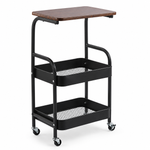 Black metal utility cart with a wooden top on a white background