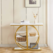 Gold Circle Console Table with Marble Shelves & Storage