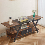 Wooden TV stand with books and decorative items on a wooden floor.| Artisansa SA