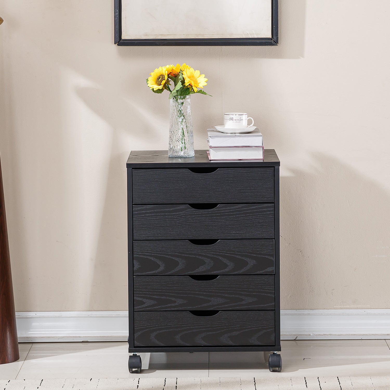 Black Bedside Table with Drawers (5-Tier) mobile pedestal featuring drawers and decorative flowers.
