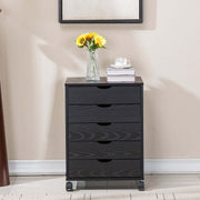 Black Bedside Table with Drawers (5-Tier) mobile pedestal featuring drawers and decorative flowers.