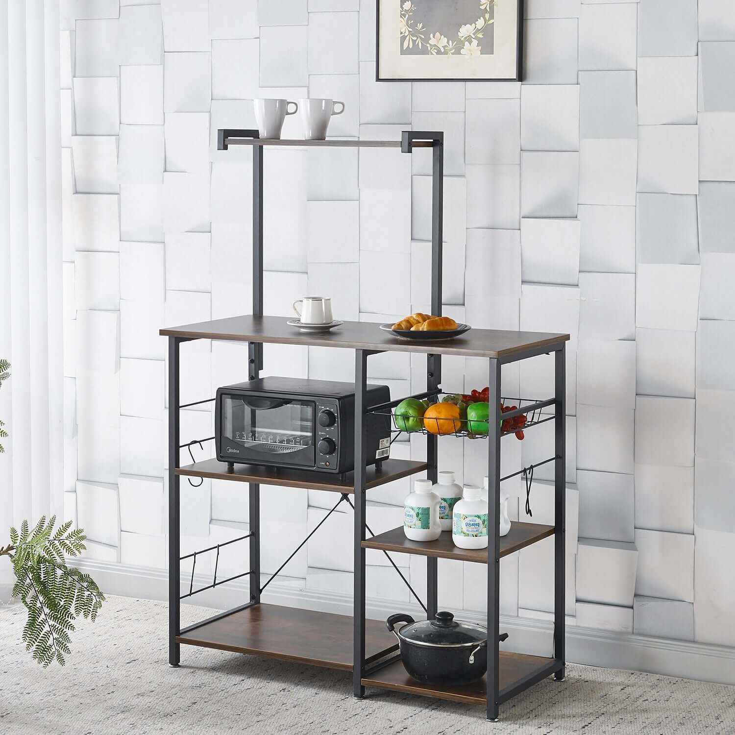 Kitchen Baker's Rack with Microwave Stand and Wire Basket, perfect for organization and appliance storage.