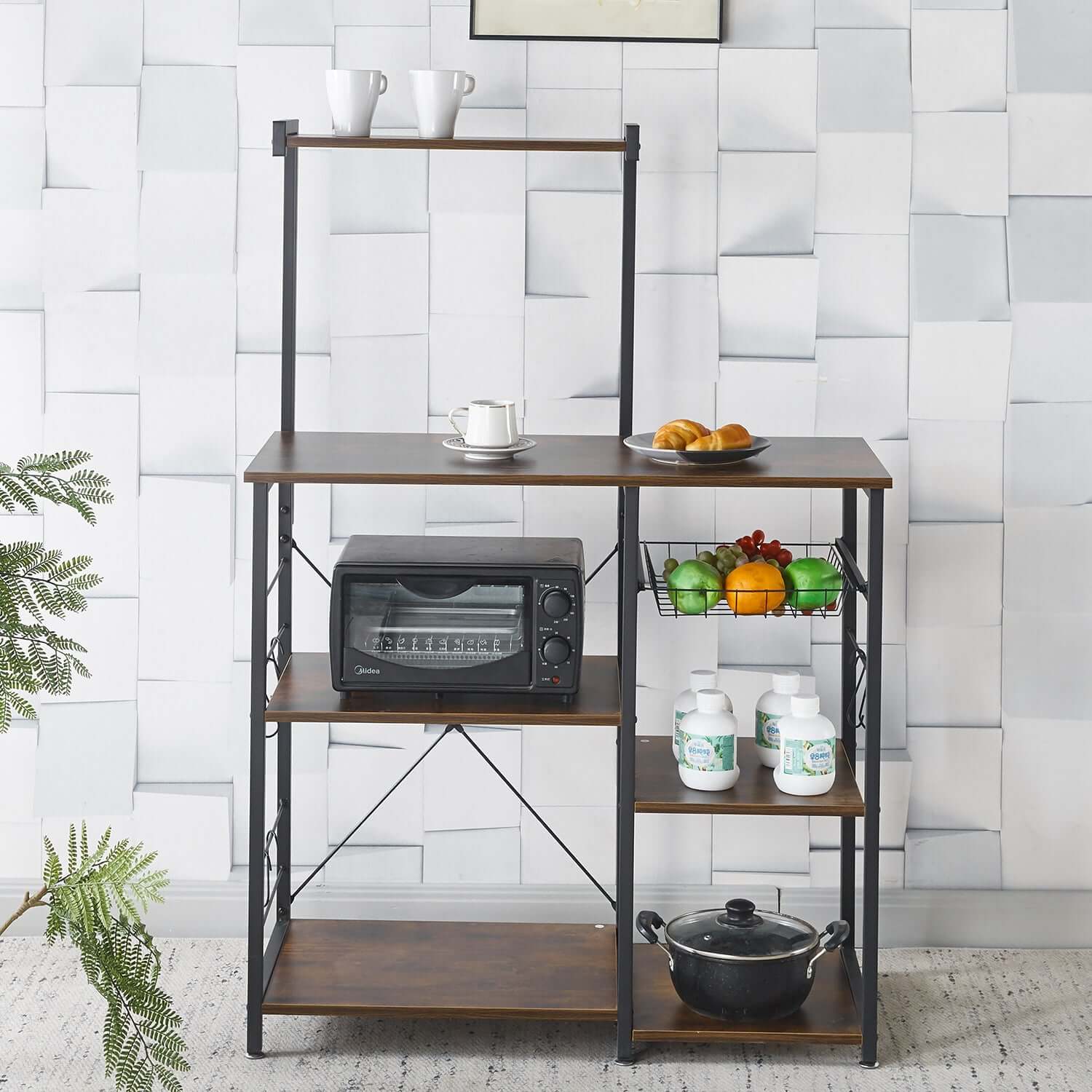 Kitchen Baker's Rack with microwave stand, wire basket, and organized kitchen essentials.