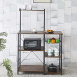 Kitchen Baker's Rack with microwave stand, wire basket, and organized kitchen essentials.