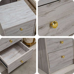Modern 3-Drawer Side Table featuring a sophisticated grey finish and gold accents with three drawers.