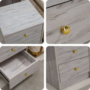 Modern 3-Drawer Side Table featuring a sophisticated grey finish and gold accents with three drawers.