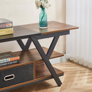 Wooden TV stand with books and a vase on a wooden floor.| Artisansa SA