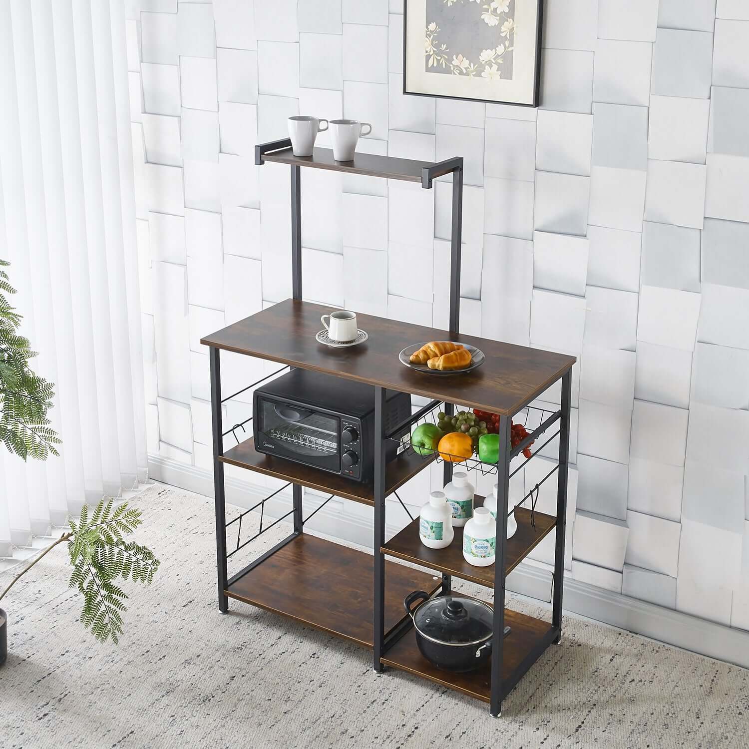 Kitchen Baker's Rack with microwave stand, wire baskets, and coffee station, perfect for kitchen organization.