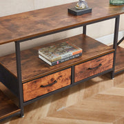 rustic TV stand with storage shelves featuring two fabric drawers and a stylish surface for decor.