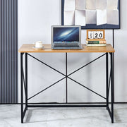 Minimalist Computer Desk with X-Frame Design featuring laptop, coffee cup, and calendar on wooden top