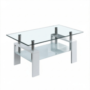 Glass Coffee Table CT-A08 with tempered glass top and stylish MDF legs, showcasing a dual-tier design for modern living spaces.