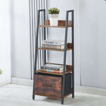 4-tier ladder bookshelf with drawer styled against a gray wall