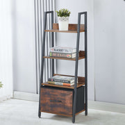 4-tier ladder bookshelf with drawer styled against a gray wall