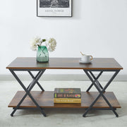 Front view of farmhouse style wood and metal center table