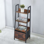 Wooden ladder shelf with books and a plant against a gray wall. | Artisansa SA