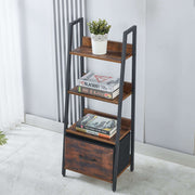 Wooden ladder shelf with books and a plant against a gray wall. | Artisansa SA