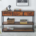 Rustic 3 drawer console table with three fabric drawers and open shelves, ideal for stylish storage solutions.