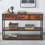 Rustic 3 drawer console table with three fabric drawers and open shelves, ideal for stylish storage solutions.