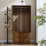 Wooden wardrobe with open doors in a room with a coat rack and plants. | Artisansa SA
