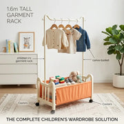 Steel Clothing Rack with shelves for children's clothing and storage, featuring casters for easy mobility.
