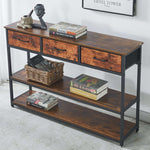 Rustic 3 drawer console table OT-202 with three fabric drawers and bottom shelf for added storage.