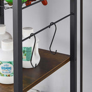Kitchen Baker's Rack featuring hooks and bottles on a wooden shelf for organized storage.