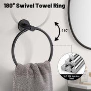 Matte Black Bathroom Towel Rack Set featuring a 180° swivel towel ring made of SUS 304 stainless steel for modern bathrooms.