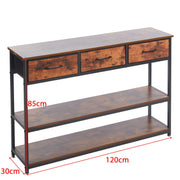 Rustic 3 drawer console table with three fabric drawers and two bottom shelves, measuring 120cm width, 85cm height and 30cm depth.